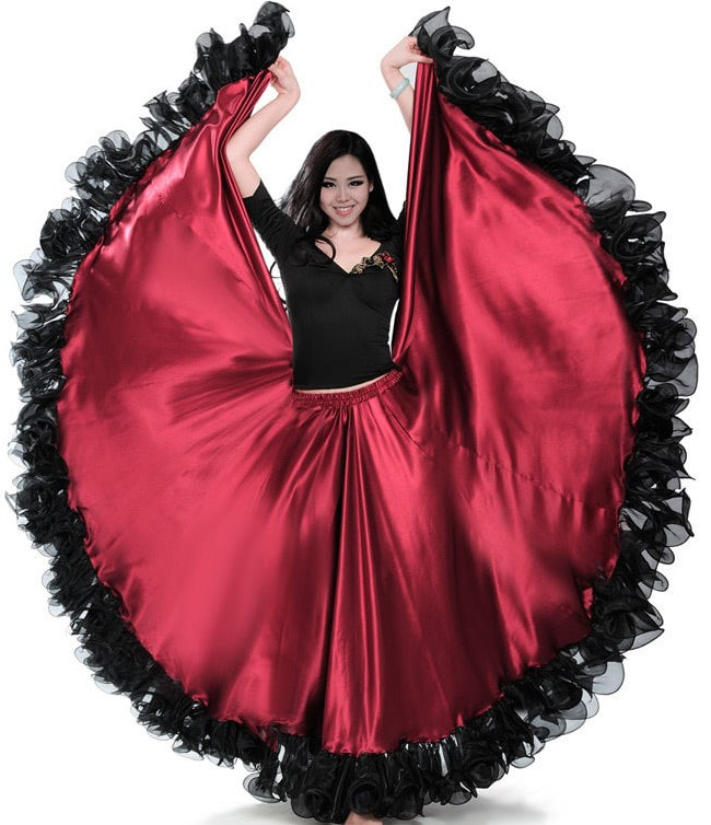 BLACK Satin 32 Yard 5 Tiered Gypsy Skirt ATS Belly Dance Ruffle Flamenco S~5XL 